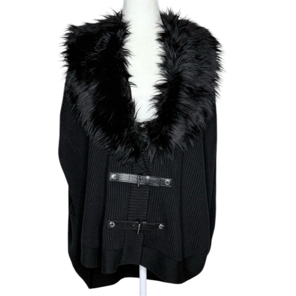 Black Faux Fur Buckle Sweater Poncho